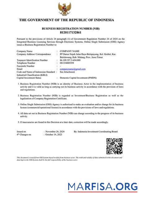 Realistic Indonesia business registration number Word and PDF template